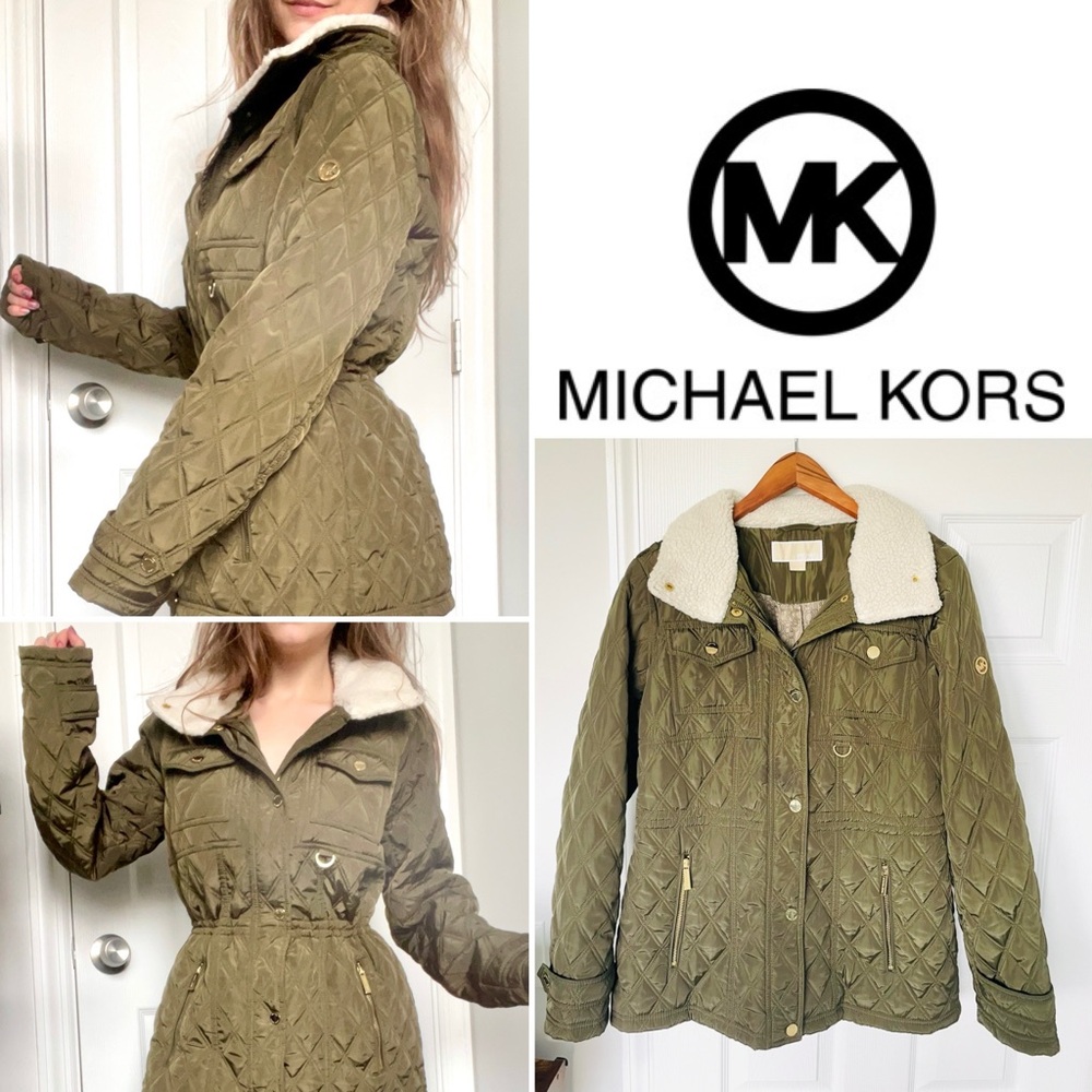 MICHAEL KORS⚡️ Olive Green Quilted Puffer Jacket with Faux Fur & Zip Up Hood